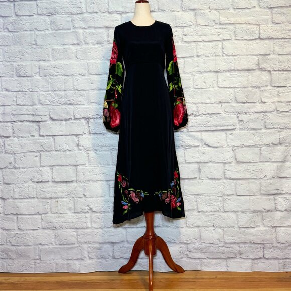 anthropologie black embroidered dress By Anthropologie Sheer Floral Embroidered Mesh Midi Dress